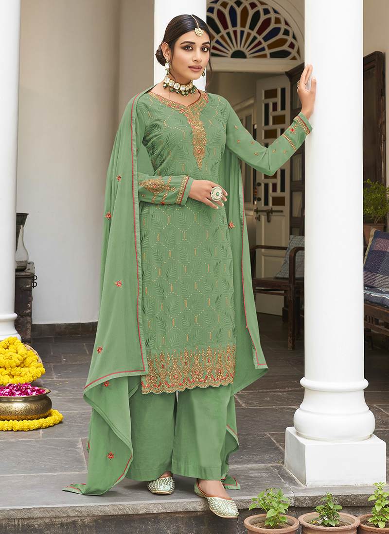 Printed Cotton Pakistani Suit in Light Green : KNV445