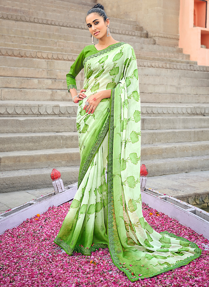 Buy Mint Green Hand Painted Chiffon Saree | MAY_HBPCS_9/MYE3 | The loom