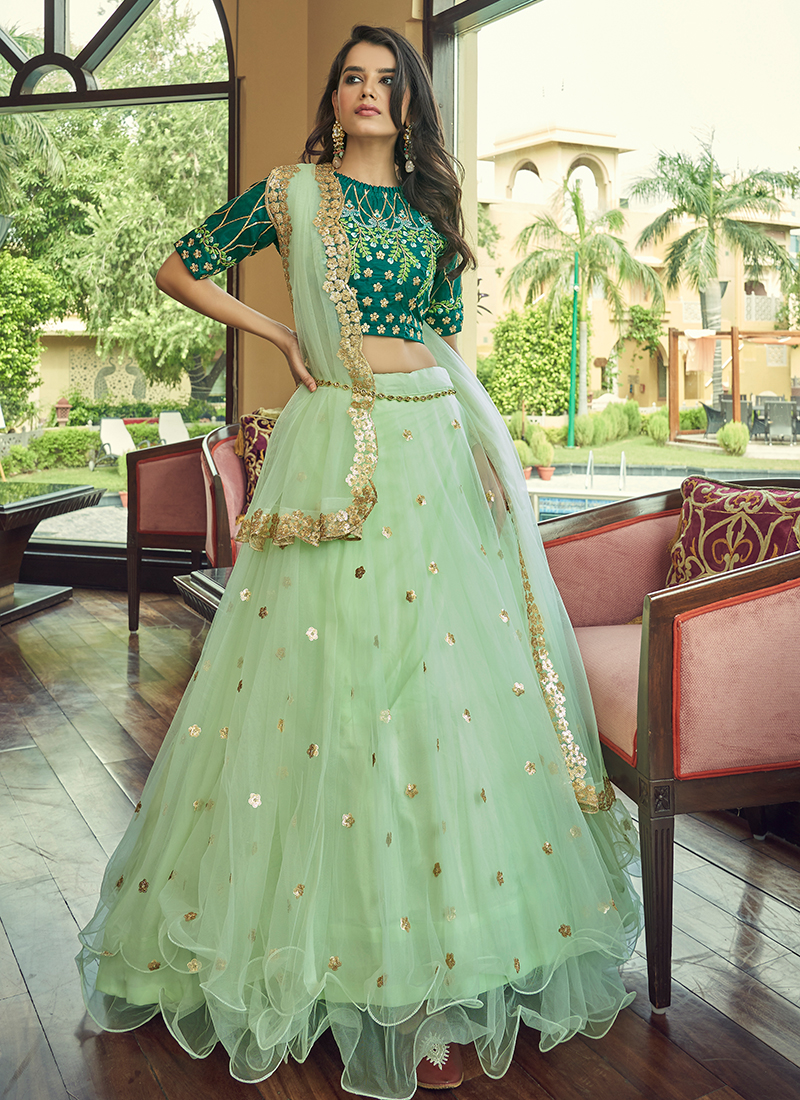 Green Ruffled Trail Lehenga - Desi Royale