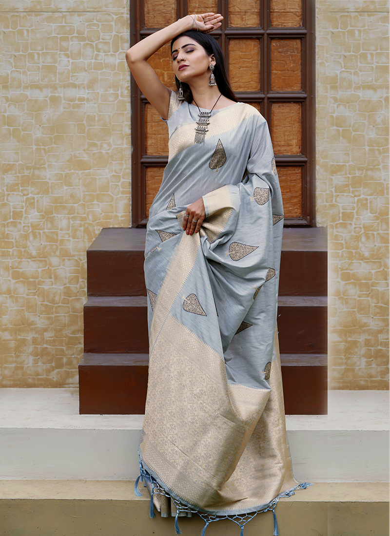 Buy Amazing Light Grey Woven Organza Silk Wedding Wear Saree - Zeel Clothing