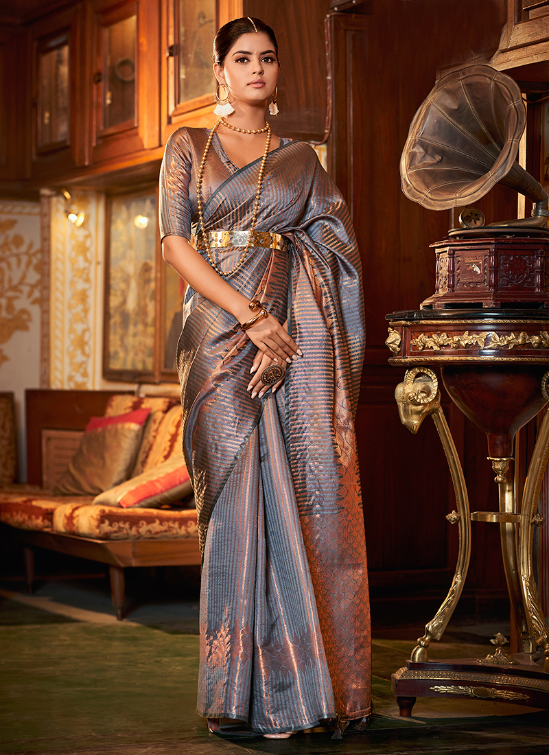 Embroidered Georgette Saree in Light Grey - Ucchal Fashion