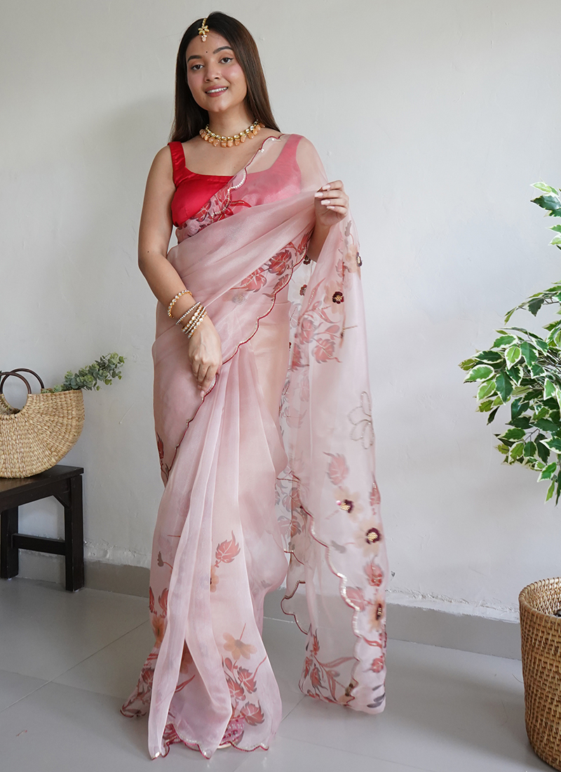 Zoon - Pink Saree 100% Silk Organza Embroidery Aari Hand With Blouse For  Women