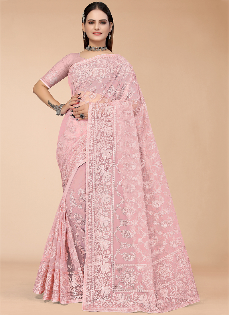 Blush Pink Net Embroidered Saree