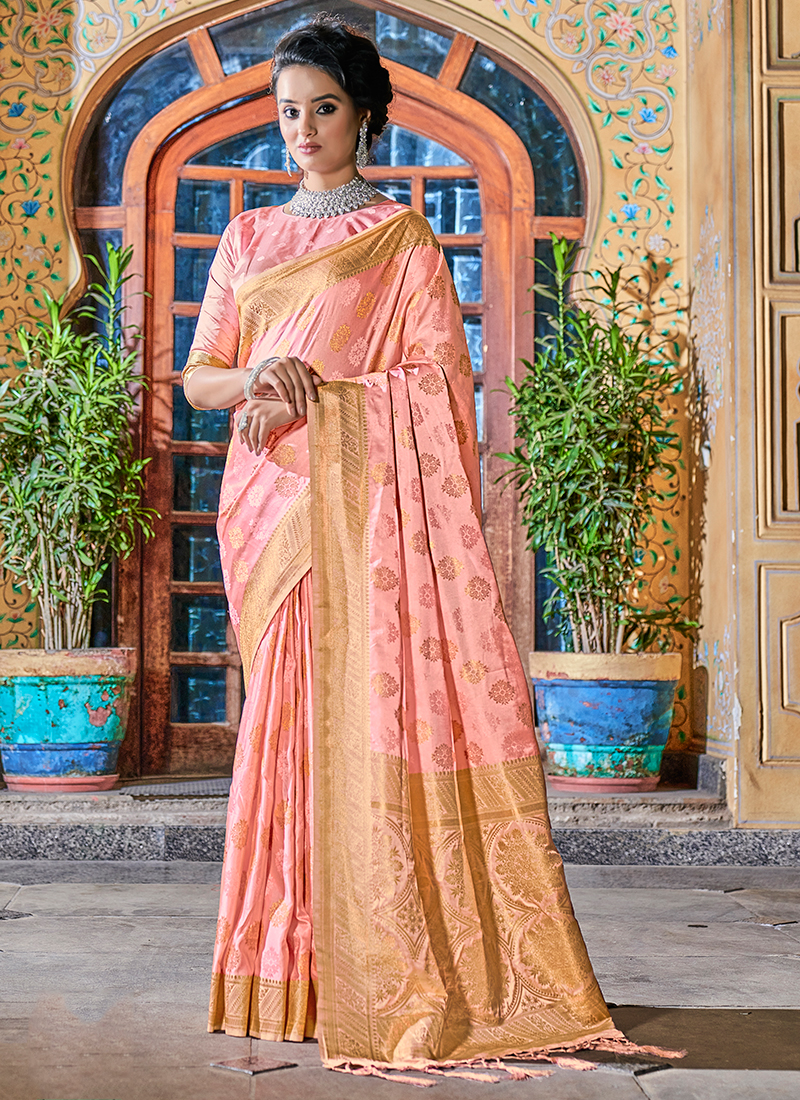 Light Red Golden Zari Banarasi Satin Silk Saree - House of Vardha