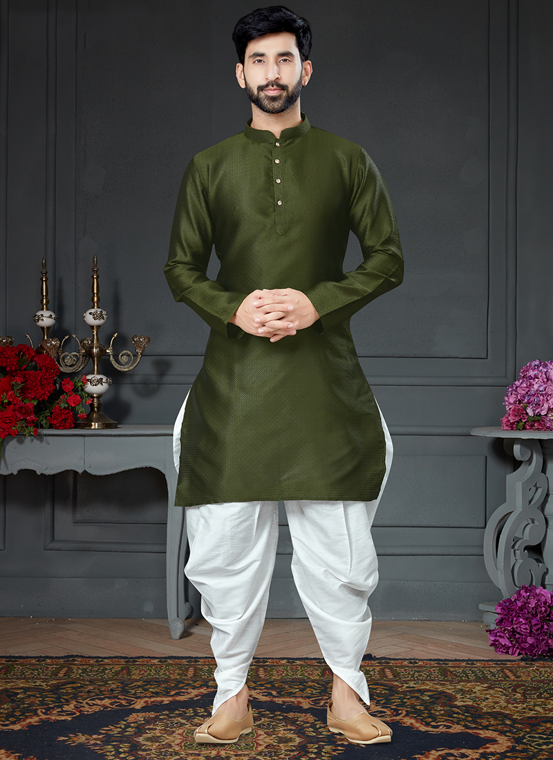 Buy Mahendi Green Wooven Silk Kurta Pajama Online