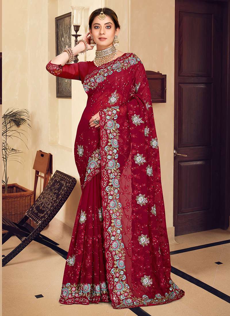 Maroon Casual Wear Printed With Fancy Lace Georgette Saree