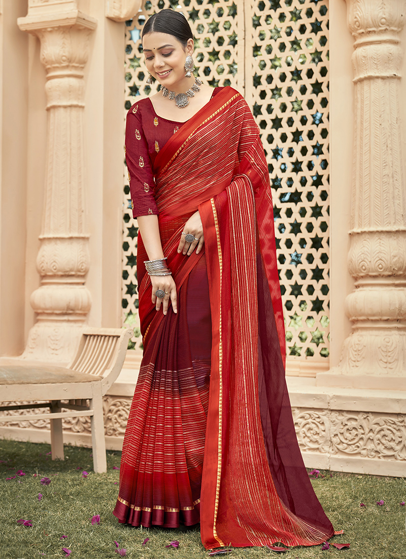 Designer Shaded Orange Maroon Chiffon Saree with Double Blouse and Mask  SAT05