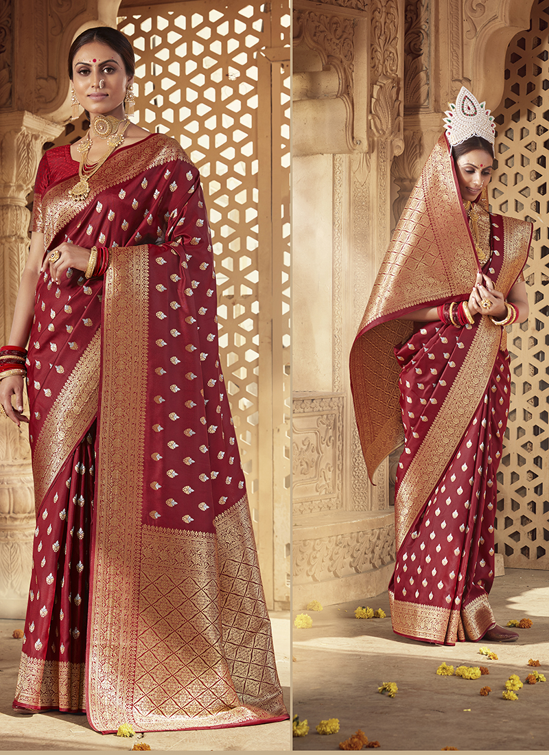 Buy Maroon Indian Banarasi Silk Saree In USA, UK, Canada, Australia,  Newzeland online