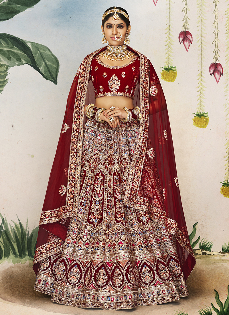 Pure Silk Wedding Lehenga in Off White & Red Color With Embroidery Work &  Stone Work - Plus Size Lehenga - Plus Size Product
