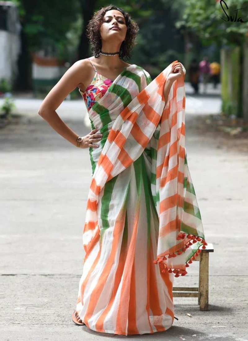 Pink and Green Linen Saree with Pichwai Digital print