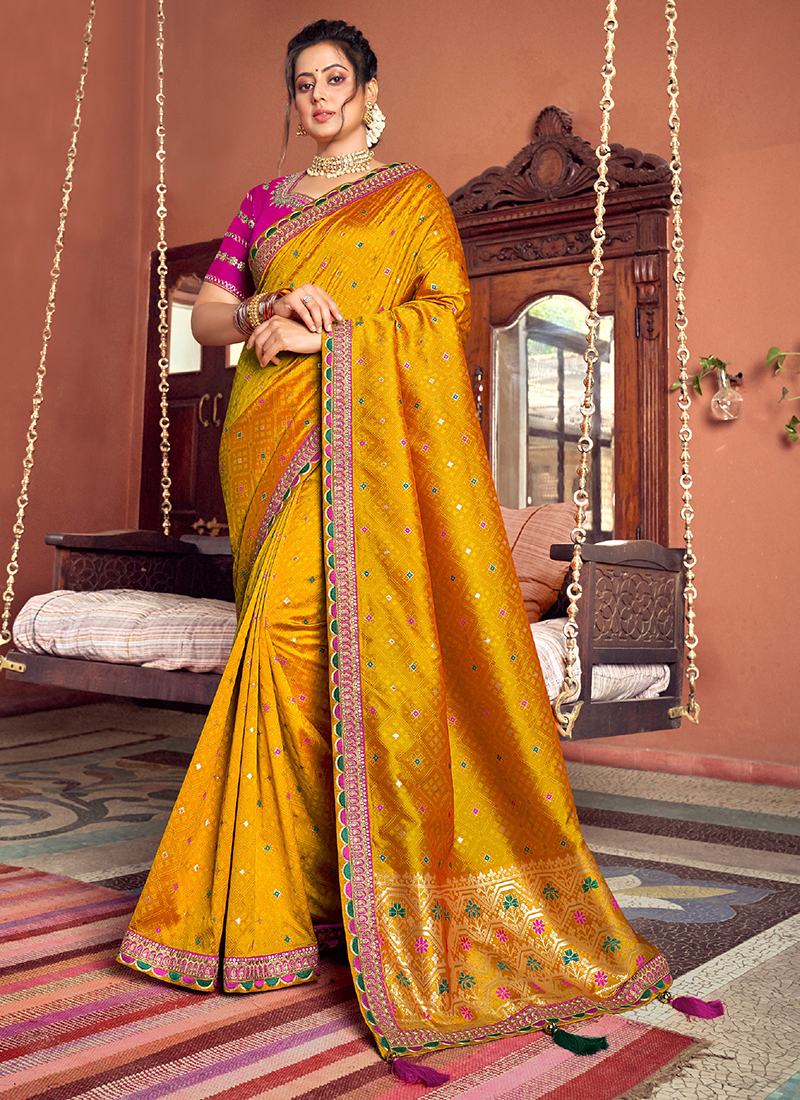 Buy Mustered Meena Work Silk Saree Online