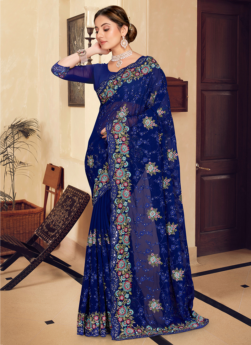 Navy Blue Color Fancy Georgette With Lace Border Saree – fashionnaari