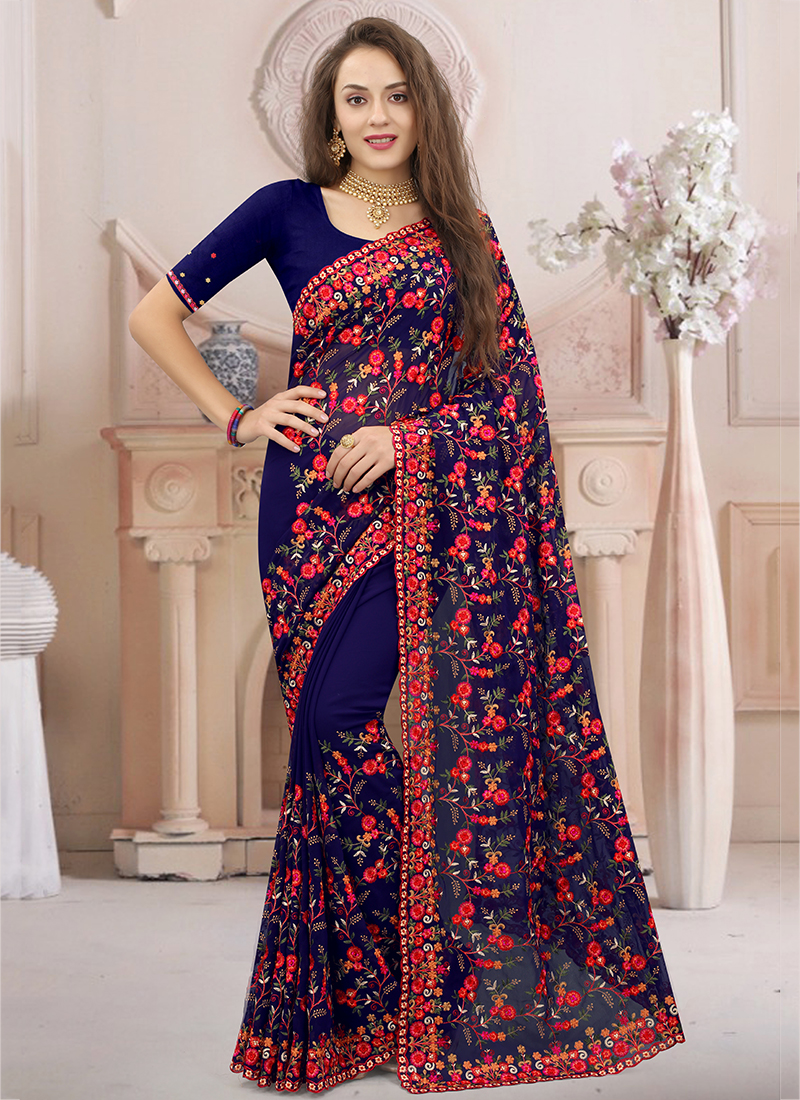 Heavy Work Saree in Silk Pastel Dark Blue With Stone Work SARV164123