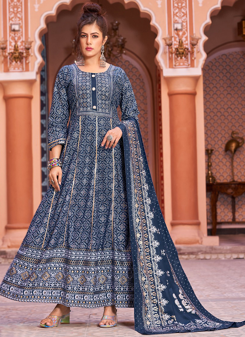 Navy Blue Embroidered Gown With Dupatta | Embroidered gown, Gowns, Gown  with dupatta