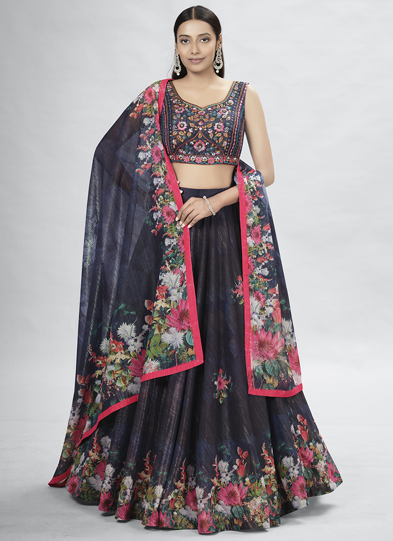 Buy Black & Grey Printed Semi-Stitched Myntra Lehenga & Unstitched Blouse  with Dupatta Online from EthnicPlus for ₹3,499