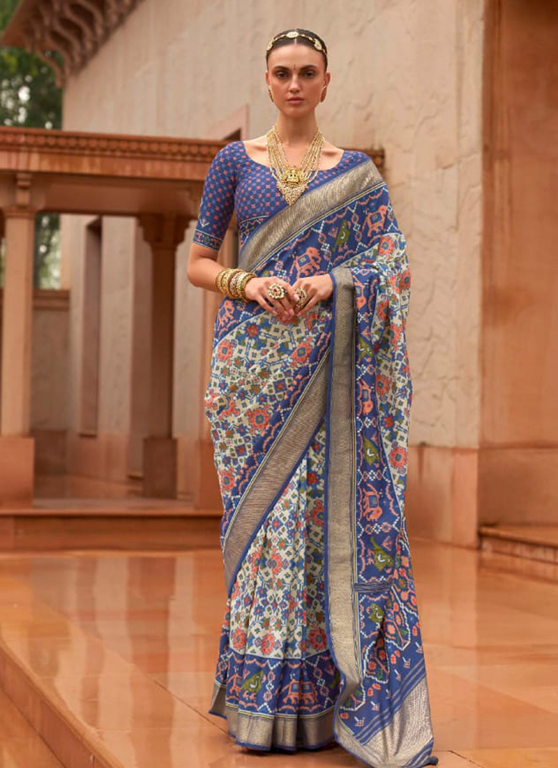 Royal Blue Block Printed Pure Silk Saree | Mirra clothing