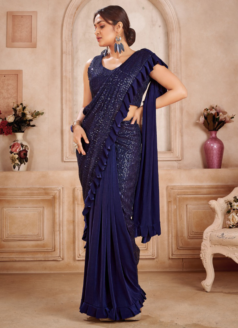 Buy Party Wear Navy Blue Sequins Work Lycra Saree Online From