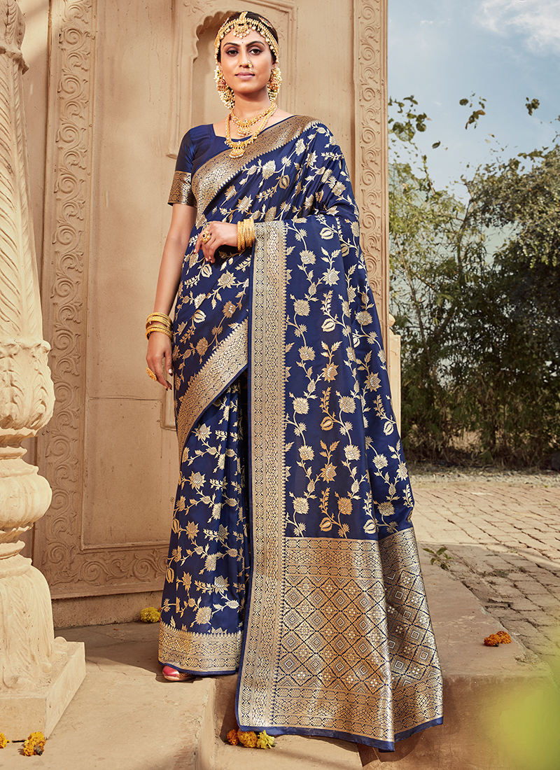 Navy Blue Pure Georgette Banarasi Bandhani Handloom Saree - Tilfi