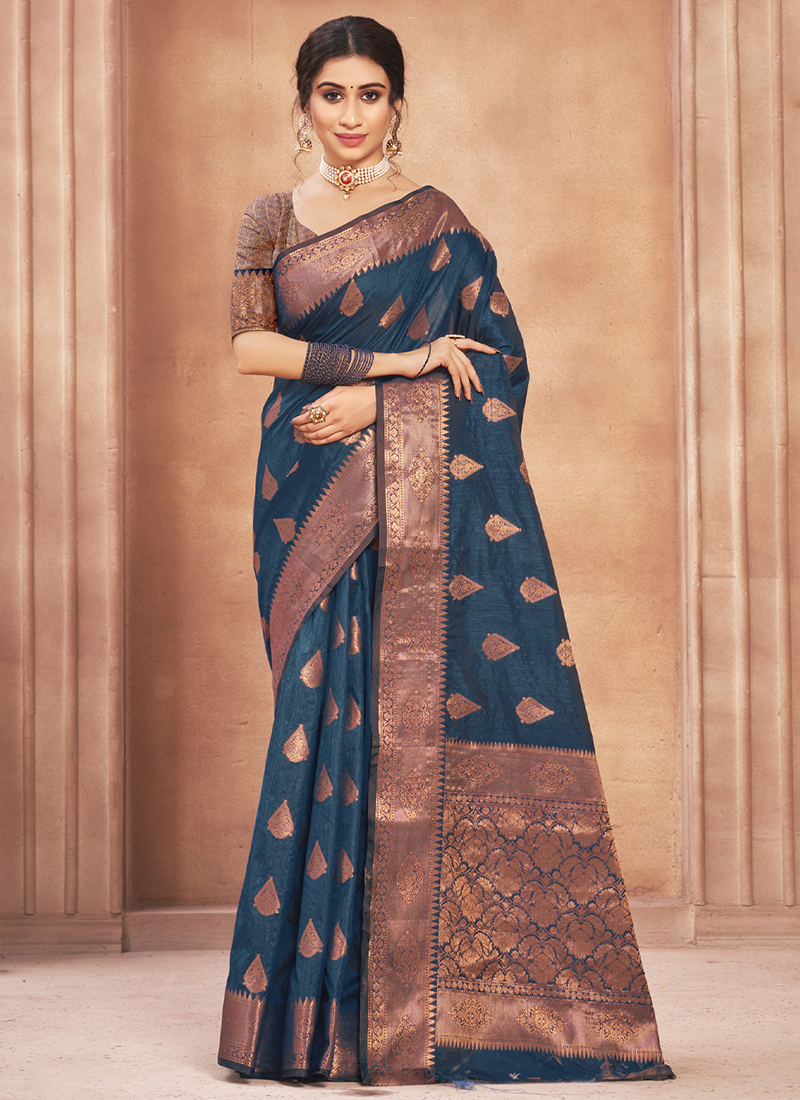 Navy blue hand woven silk cotton saree - Sajasajo - 3970578