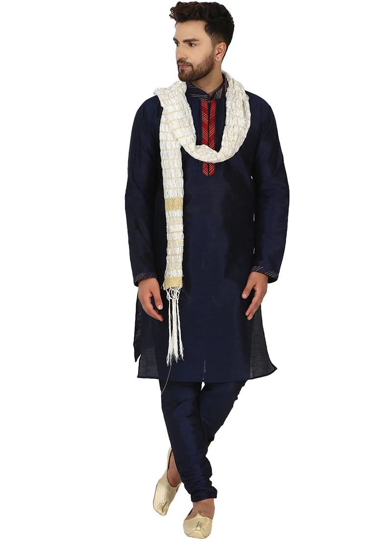 Buy Navy Blue Weaving Dhupion Silk Kurta Pajama Online