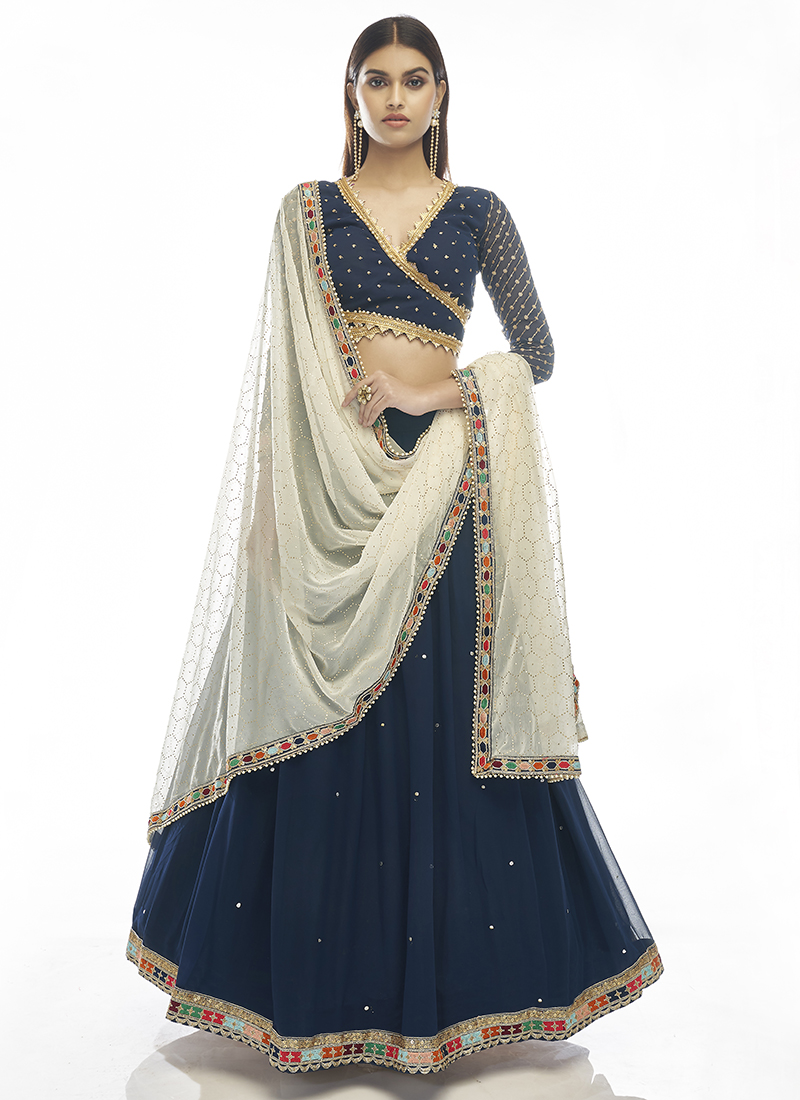 Aqua Blue & Navy Blue & Sky Blue & Cream & Blue & Pink & Green & Peach &  Multi Color & Black & Beige Half Saree Lehenga - Buy Trending Aqua