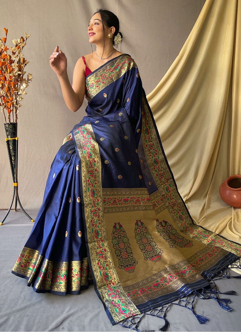 Paithani Royal Blue Color with Rani Border | Indian saree blouses designs,  Silk sarees, Saree models