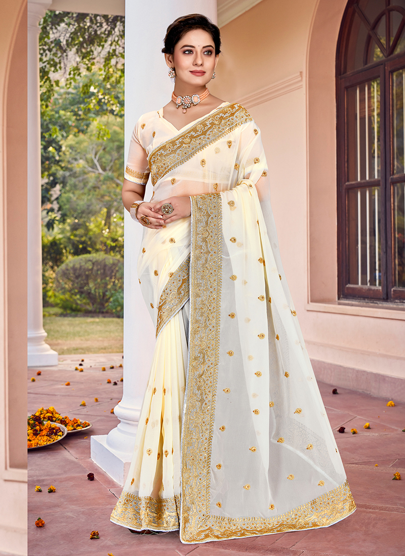 Exclusive Collection Dori Embroidered Net Off White Saree SARV136557