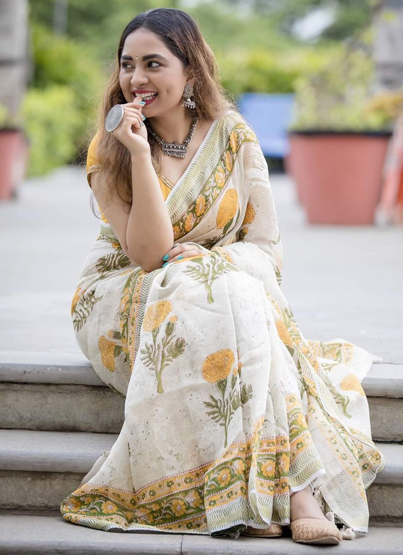 White Printed Saree In Georgette 4368SR06