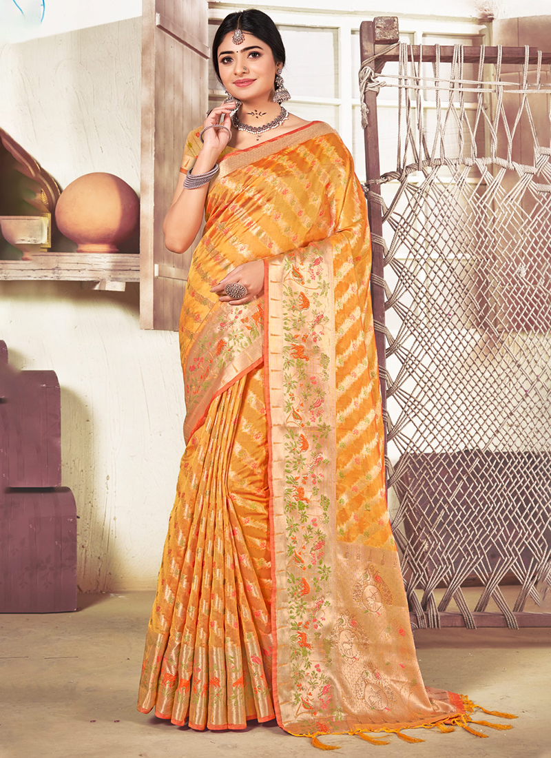 Buy Tangerine Orange Organza Saree online-Karagiri