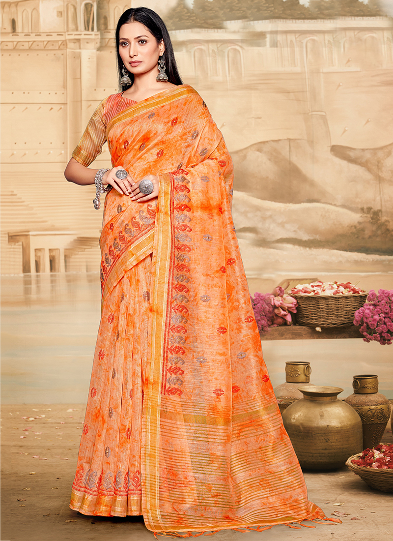 Orange Maheshwari Silk Cotton Saree