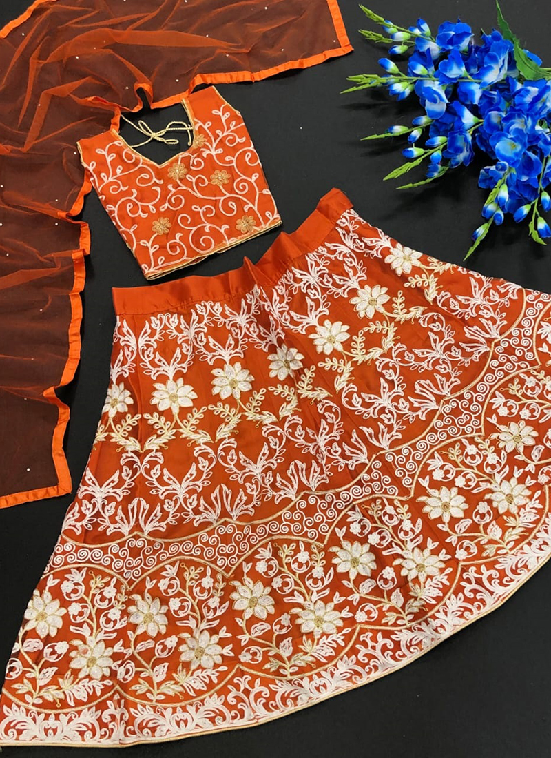 Buy Kalki Carrot Orange Top And Lehenga Set In Cotton Silk For Girls