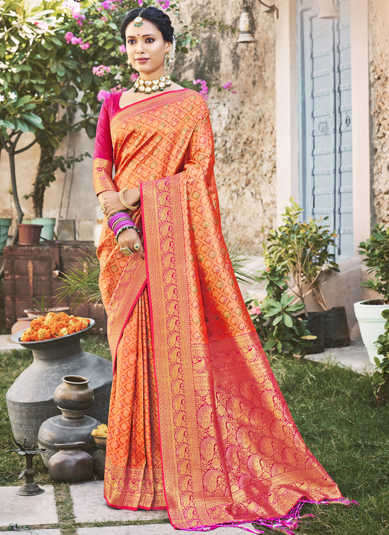 Mehendi Wear Kanjivaram Silk Saree | Marriage Sangeet Engagement Sari