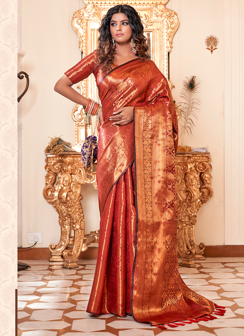Fuscia Pink And Orange Kanjivaram Silk Saree - Shaaola.com