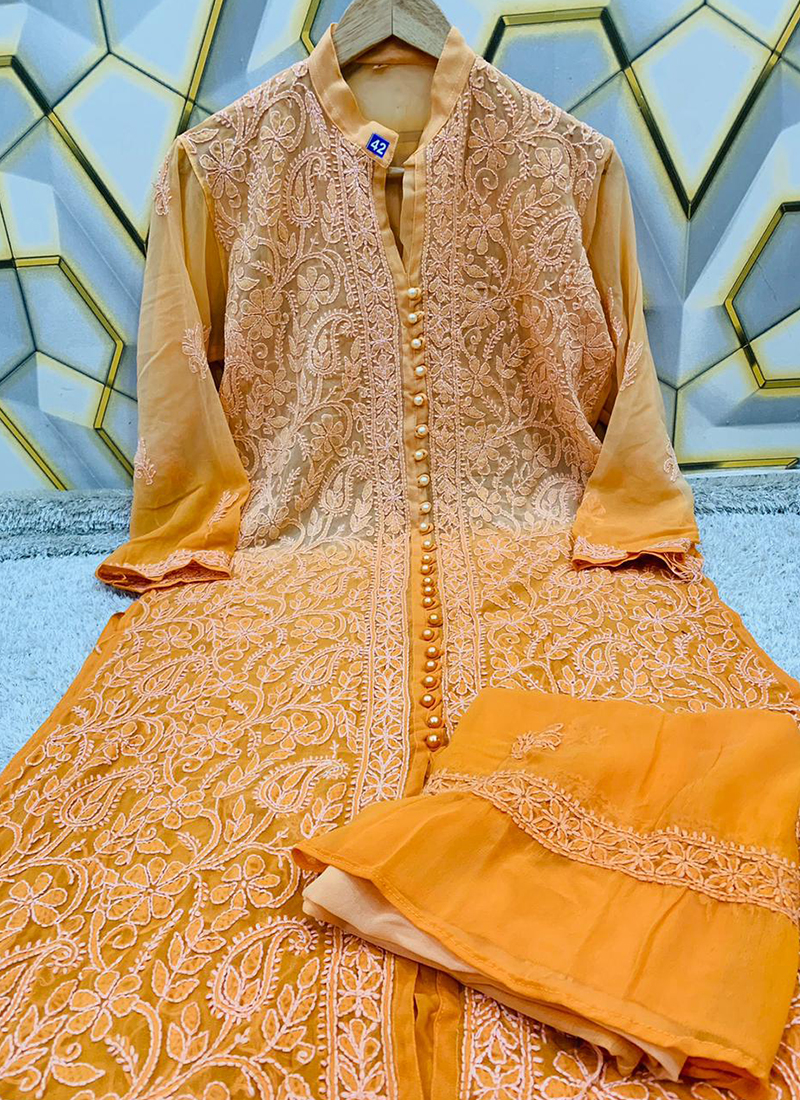 Buy Arayna Women's Rayon Straight Kurti Hand Work Gotta Patti Palazzo  Dupatta Set (Orange Yellow; Small) at Amazon.in
