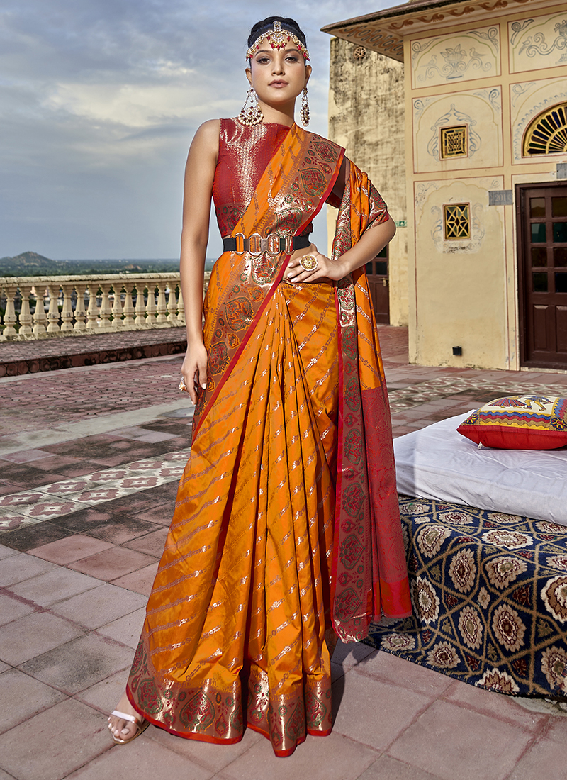 Orange Pure Silk Saree With Colorful Green Border And Green Colored Blouse  | Cash On Delivery Available, Throughout India