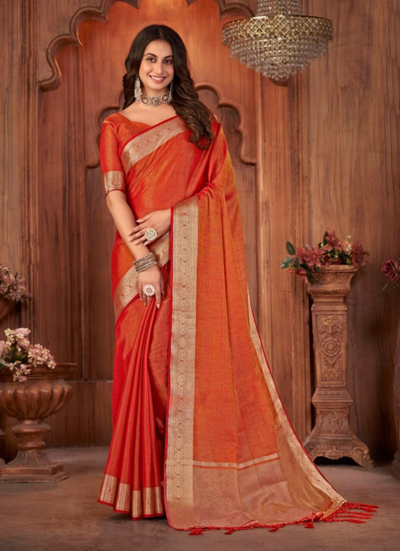 Orange Embroidered Linen Saree With Tassels