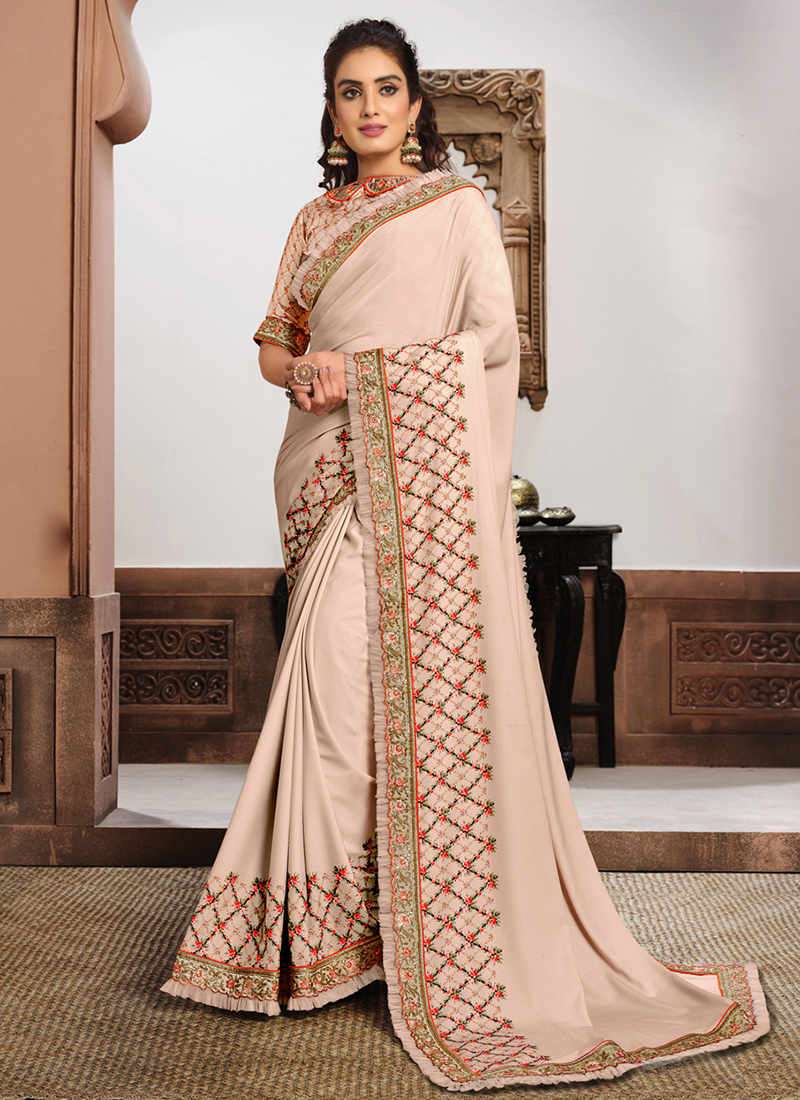 Satin Georgette Resham Work Saree In Grey Colour