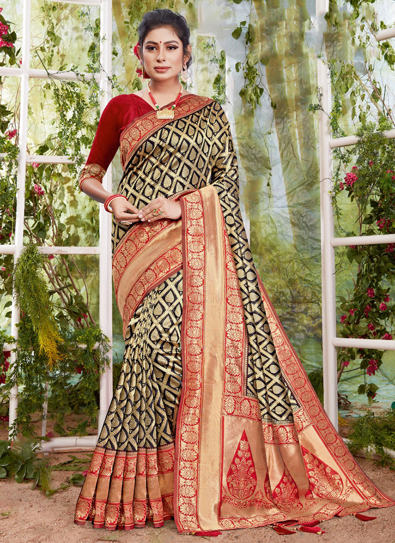 Brown and Mustard printed faux silk saree with blouse - Vimlon - 994778