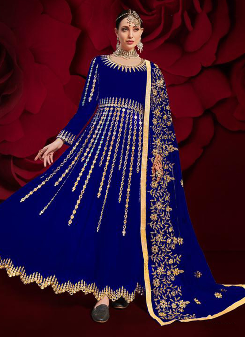 Buy Royal Blue Velvet Beautiful Embroidered Anarkali Suit | Anarkali Suits