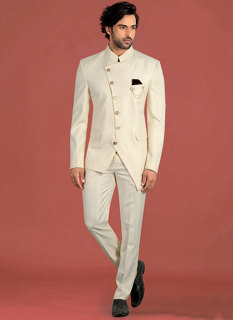 party wear cream terry rayon fancy work jodhpuri suit 159436