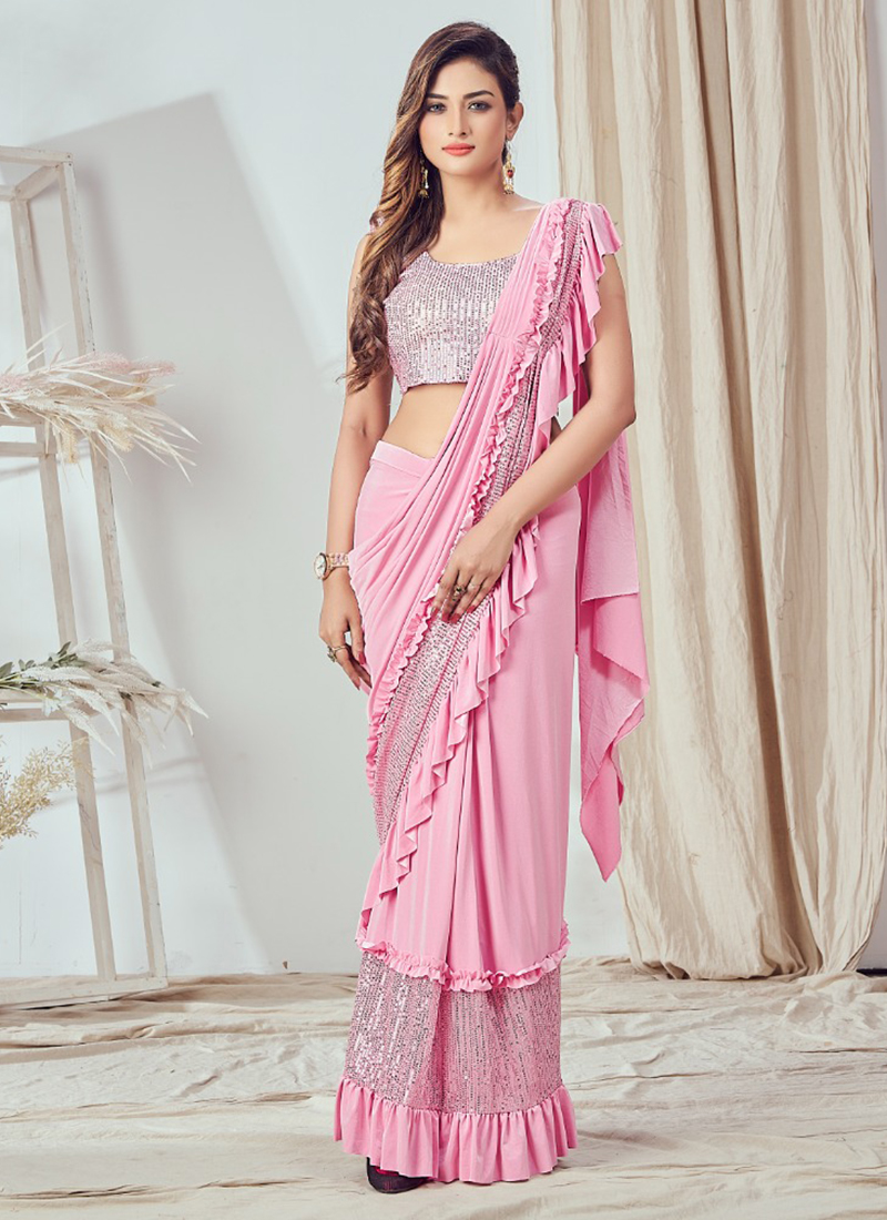 Buy Party Wear Light Pink Lycra Sequins Work Readymade Saree (Blouse Size  36 and 38) Online