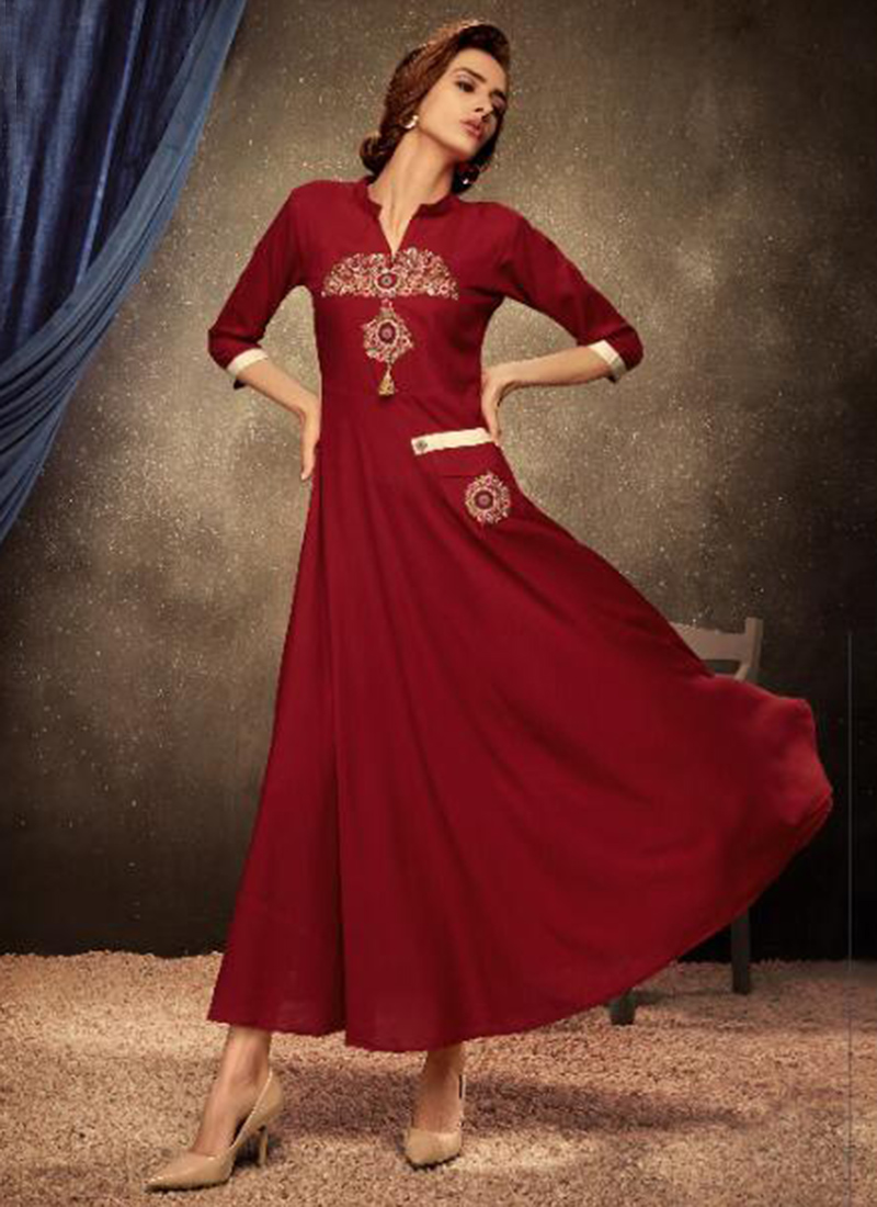 Prominent Red Embroidered Party Wear Kurti -