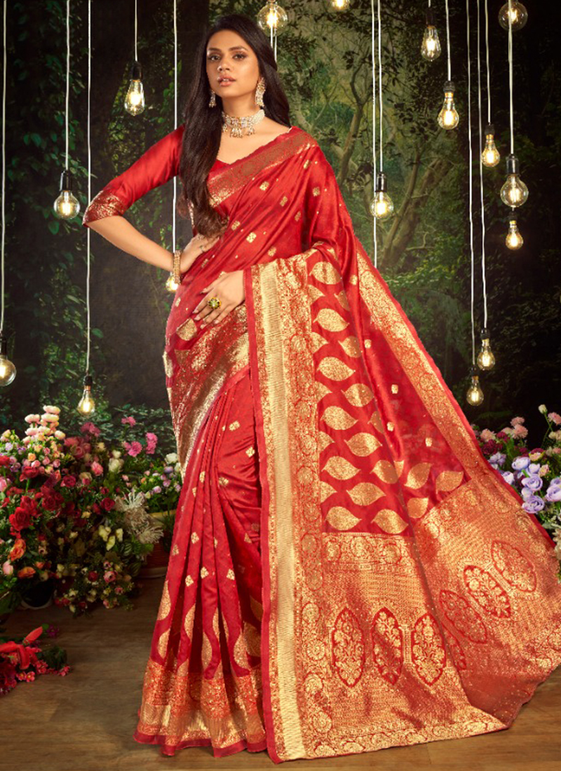 Faux Georgette Red Embroidered Designer Saree -