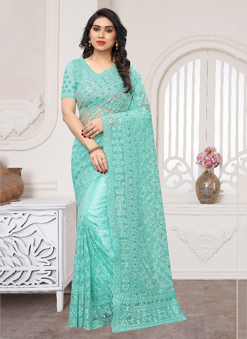 Handloom Maheshwari Silk Cotton Saree in Sky Blue | Shop Online