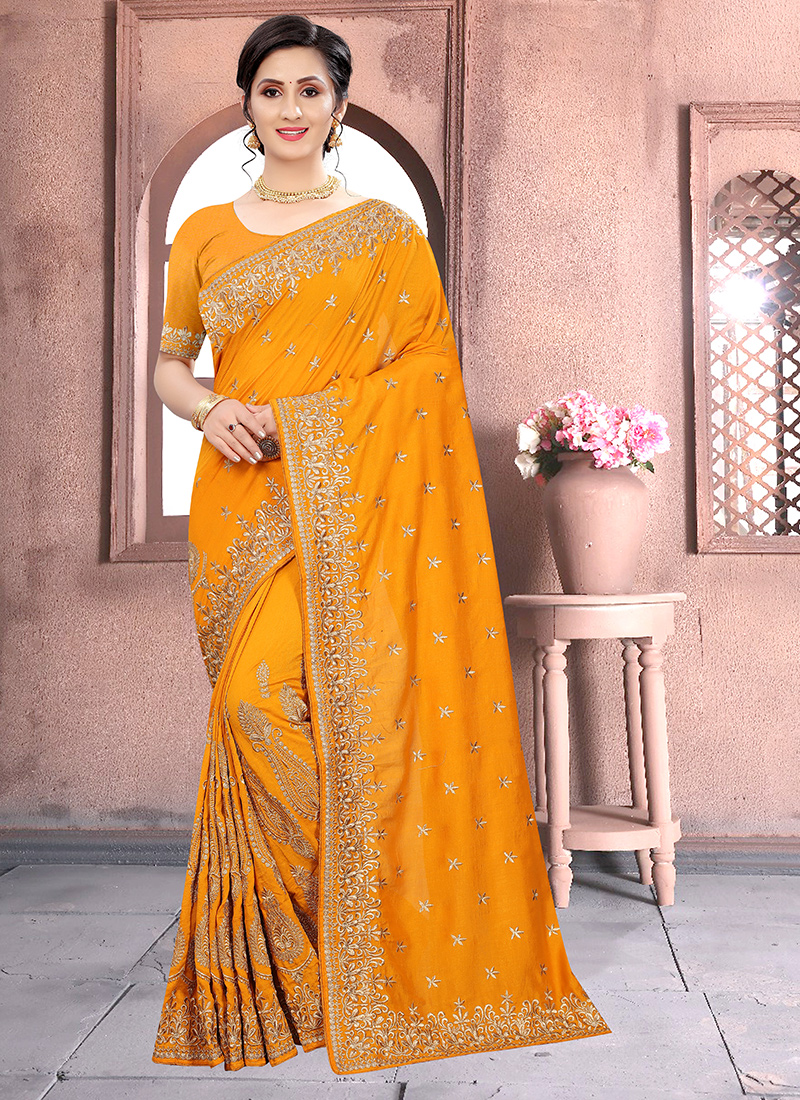 Saree for Party Wear in Silk Mustard Yellow with Zari embroidery