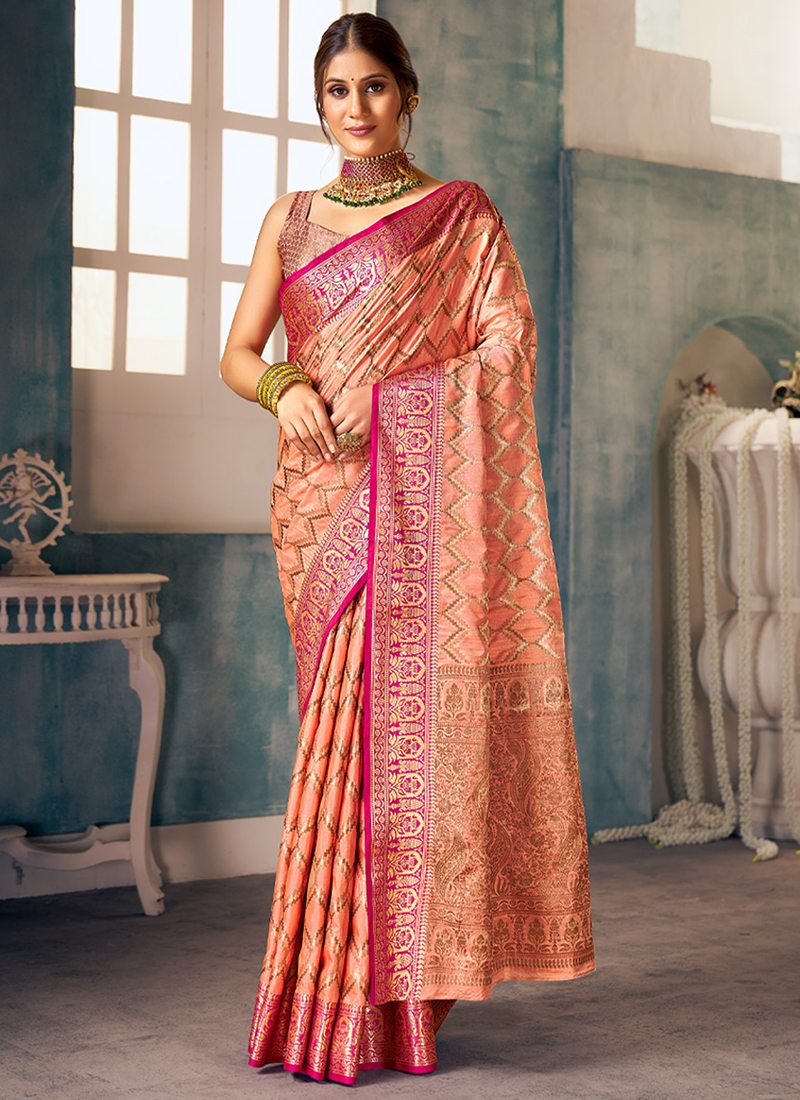 Vibrant Peach Colored Designer Saree for Wedding