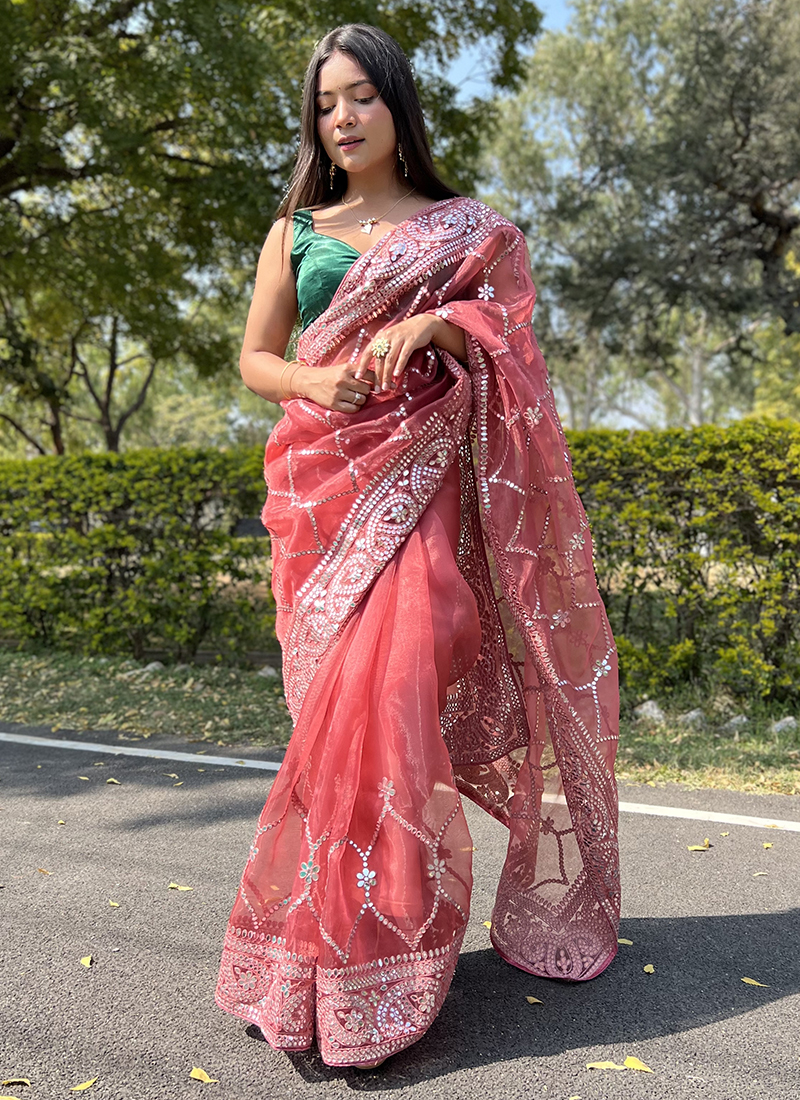 Peach Bollywood Silk Blend Gota Work Designer Sarees, Peach Bollywood Silk  Blend Gota Work Designer Saris and Peach Bollywood Silk Blend Gota Work  Beautiful Sarees Online Shopping