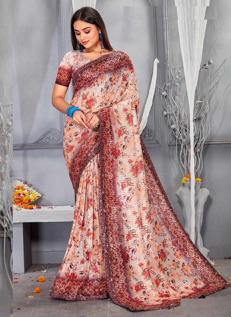 Buy Vamika Karishma Kapoor Peach & Cyan designer saree Online at Best Price  | Distacart