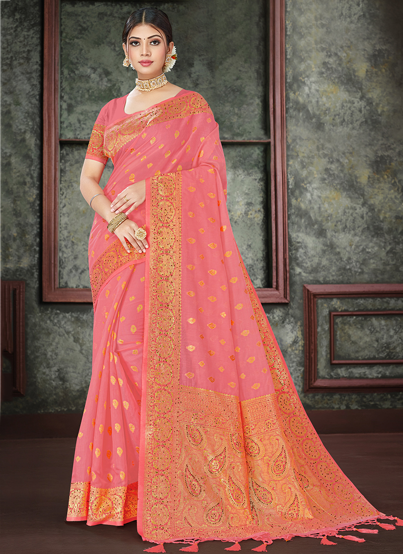 Peach Zari Woven Work Cotton Saree By Riwazo