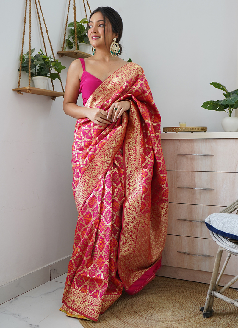 Latest Designer Party Wear Bandhej Silk Saree - Stylecaret.com